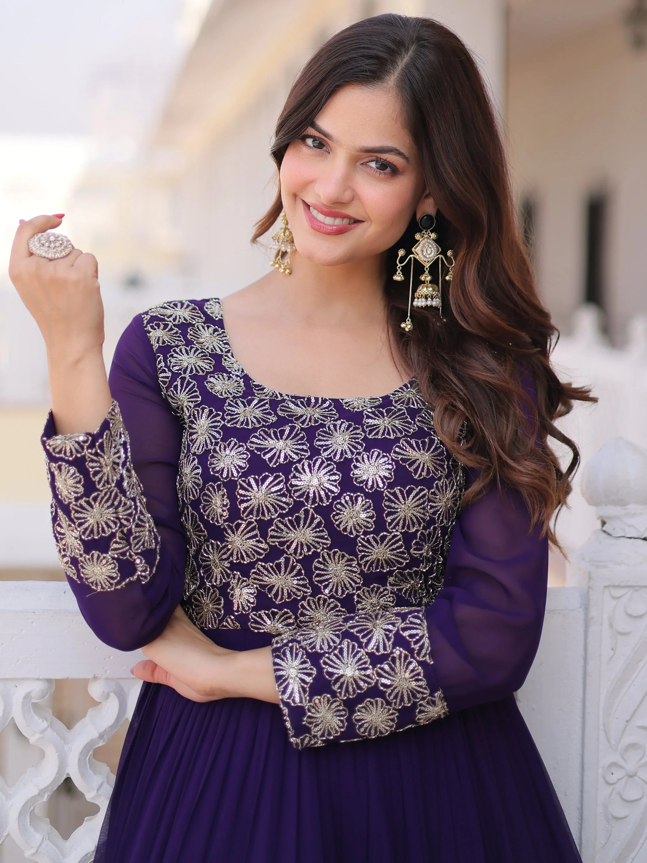Stunning Purple Sequins Georgette Function Wear Gown