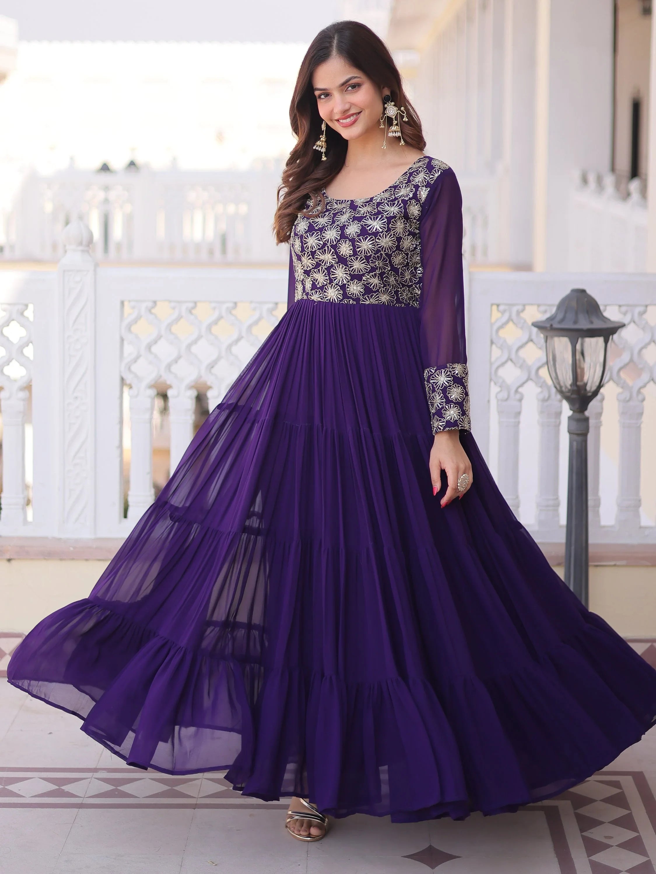Stunning Purple Sequins Georgette Function Wear Gown