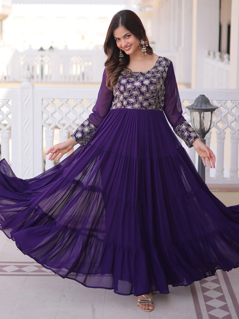 Stunning Purple Sequins Georgette Function Wear Gown
