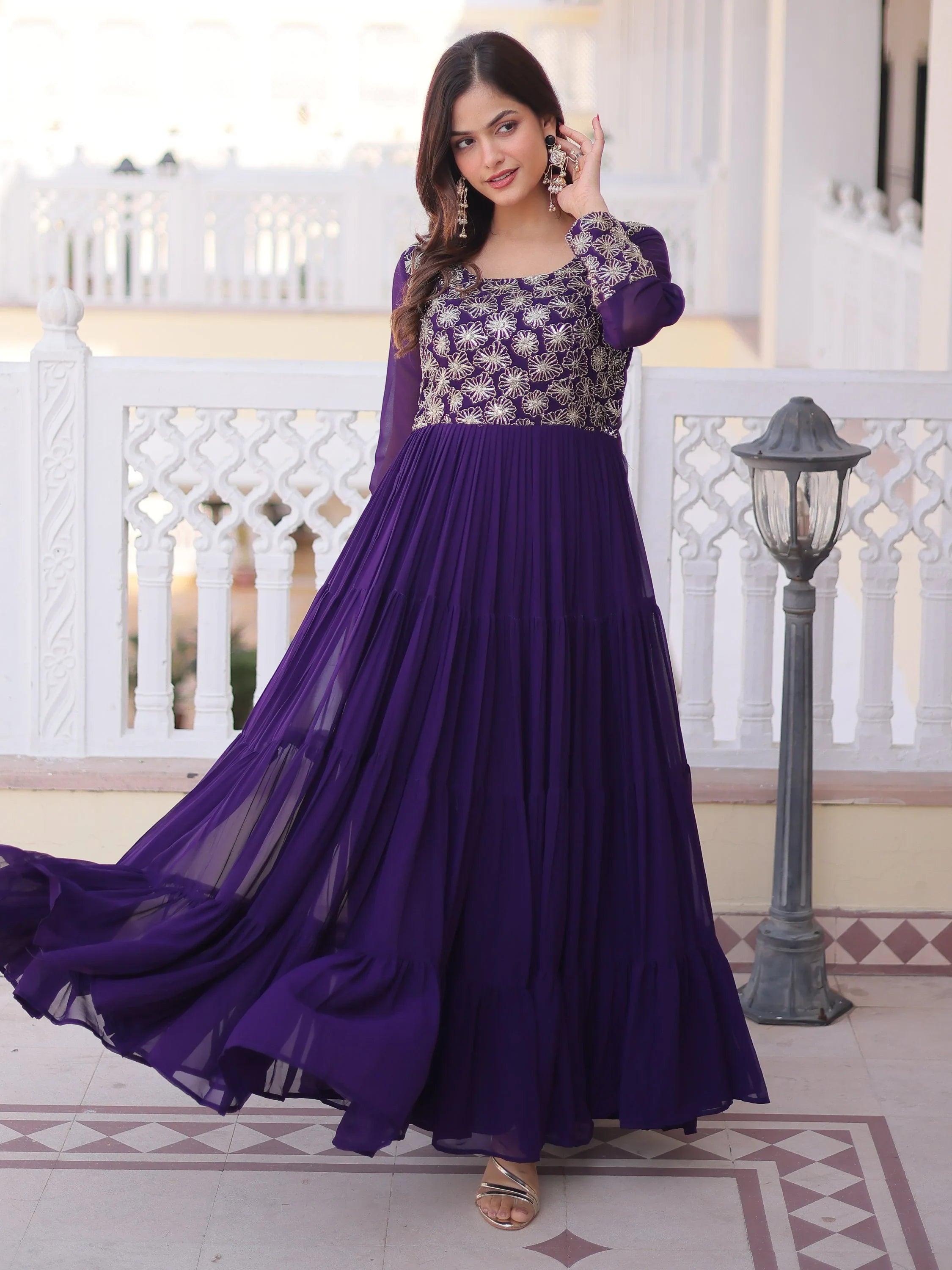 Stunning Purple Sequins Georgette Function Wear Gown
