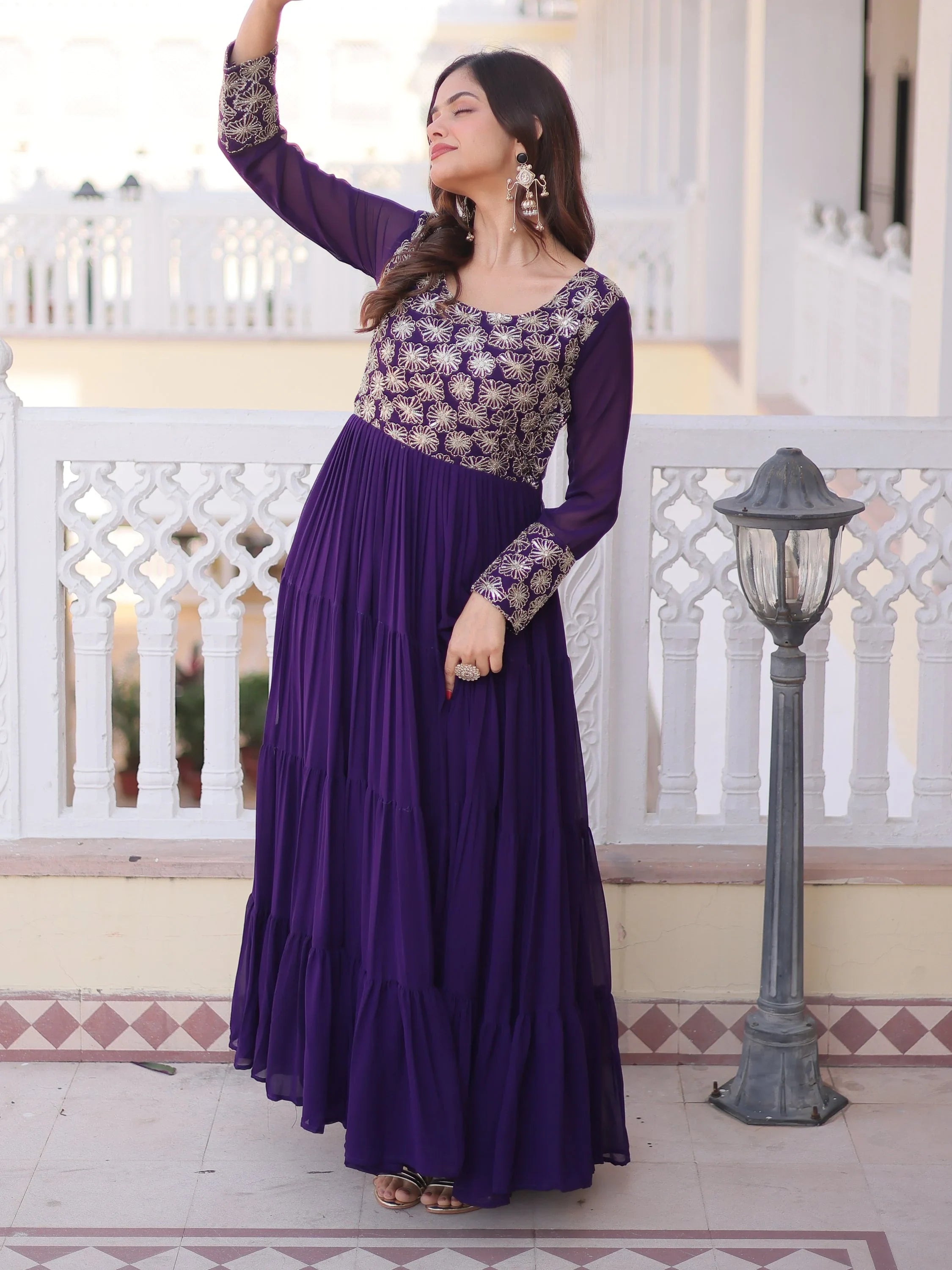 Stunning Purple Sequins Georgette Function Wear Gown