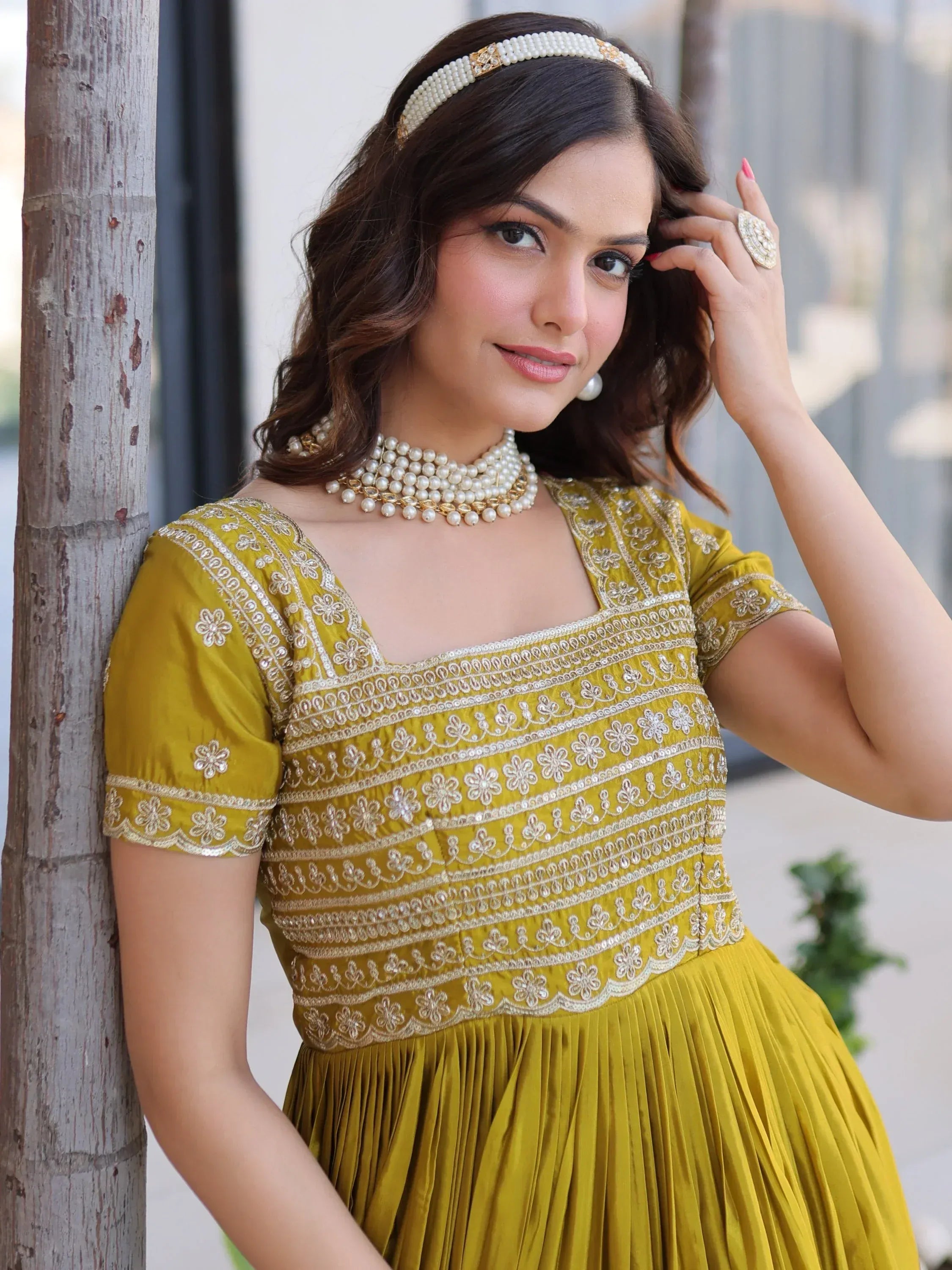 Astonishing Olive Green Zari Work Silk Mehendi Wear Gown