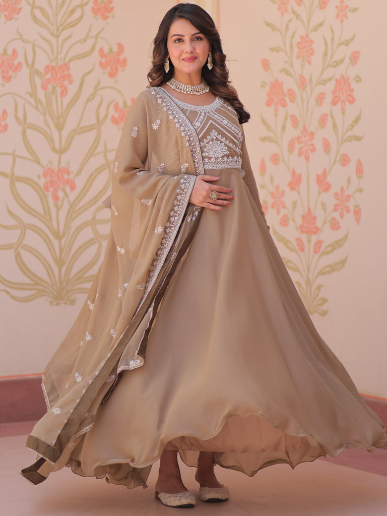 Stylish Beige Coding Work Georgette Festive Wear Gown With Dupatta