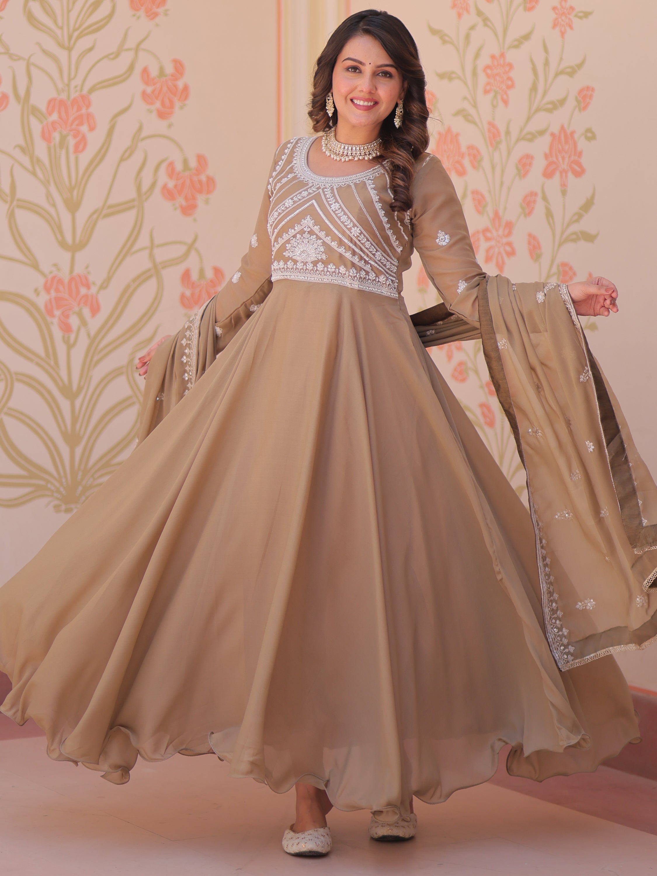 Stylish Beige Coding Work Georgette Festive Wear Gown With Dupatta