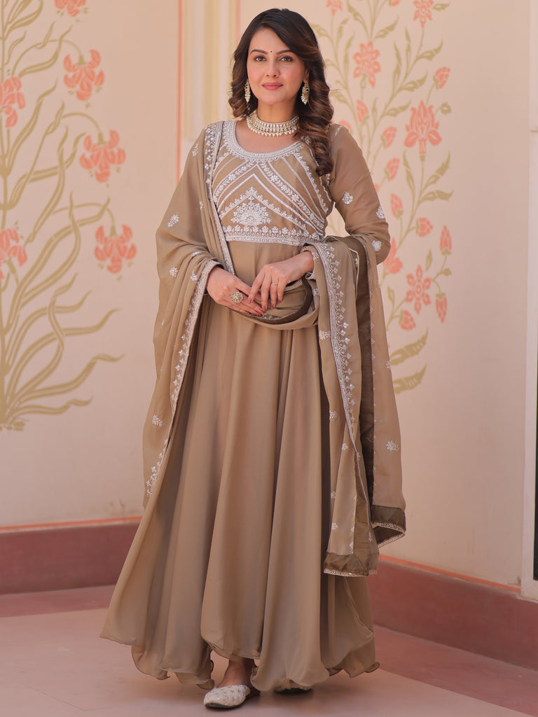 Stylish Beige Coding Work Georgette Festive Wear Gown With Dupatta