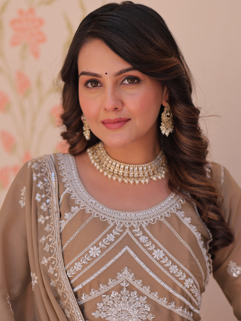 Stylish Beige Coding Work Georgette Festive Wear Gown With Dupatta