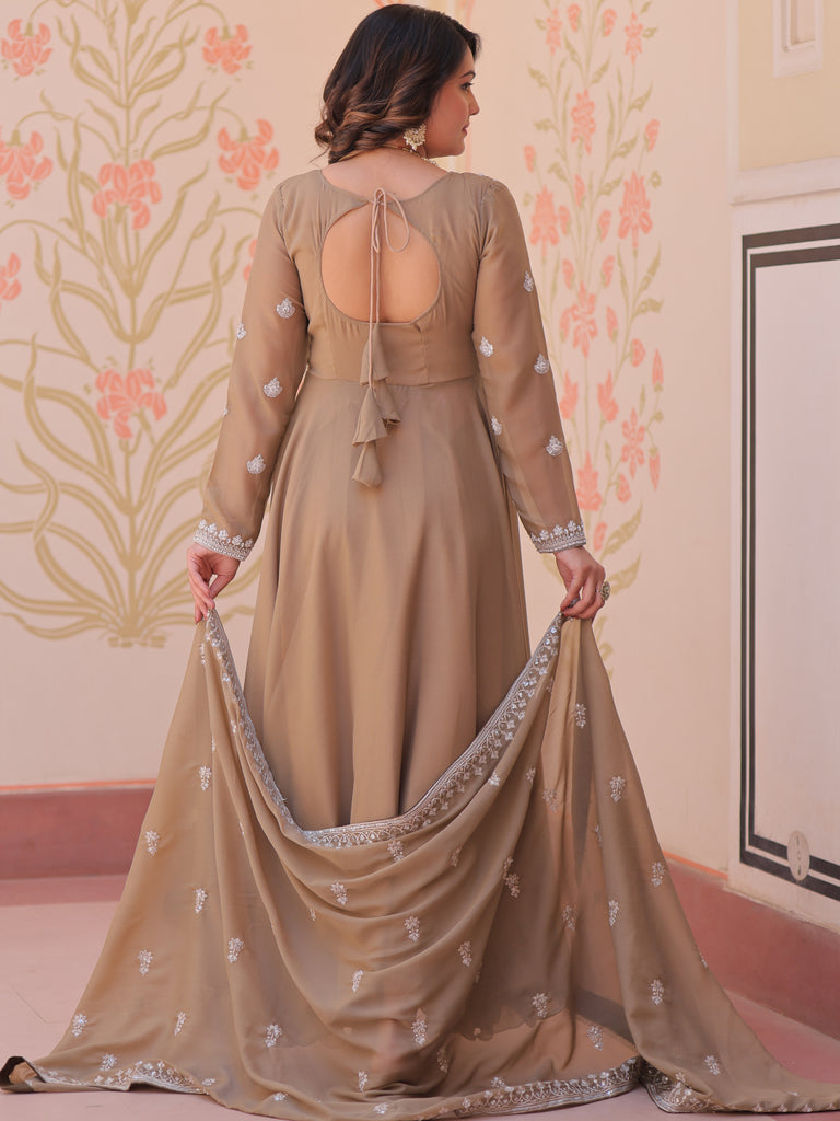 Stylish Beige Coding Work Georgette Festive Wear Gown With Dupatta