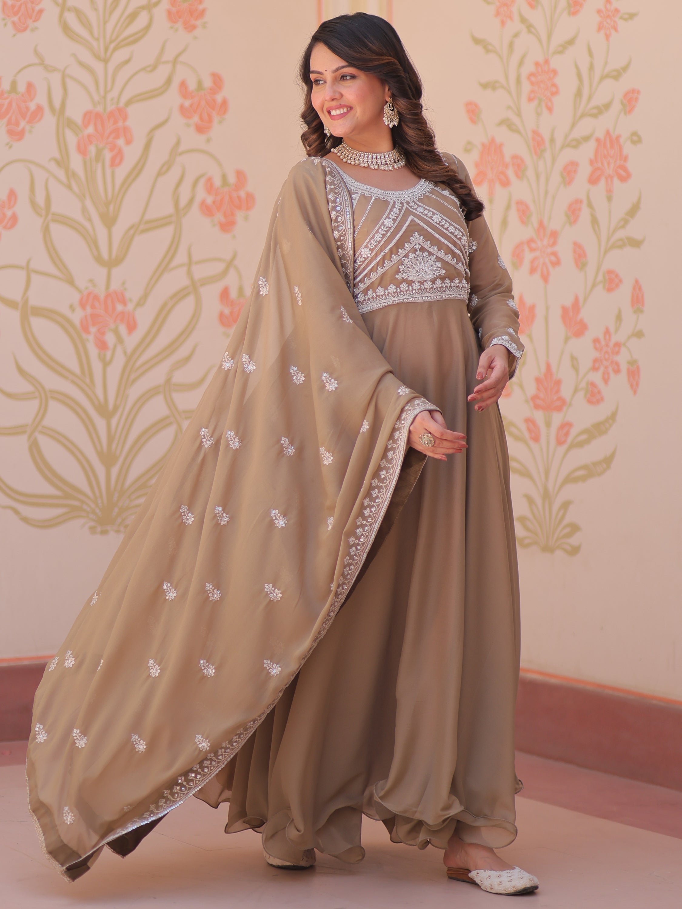 Stylish Beige Coding Work Georgette Festive Wear Gown With Dupatta