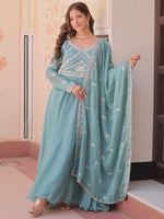 Impressive Sky Blue Bead Work Georgette Traditional Gown With Dupatta