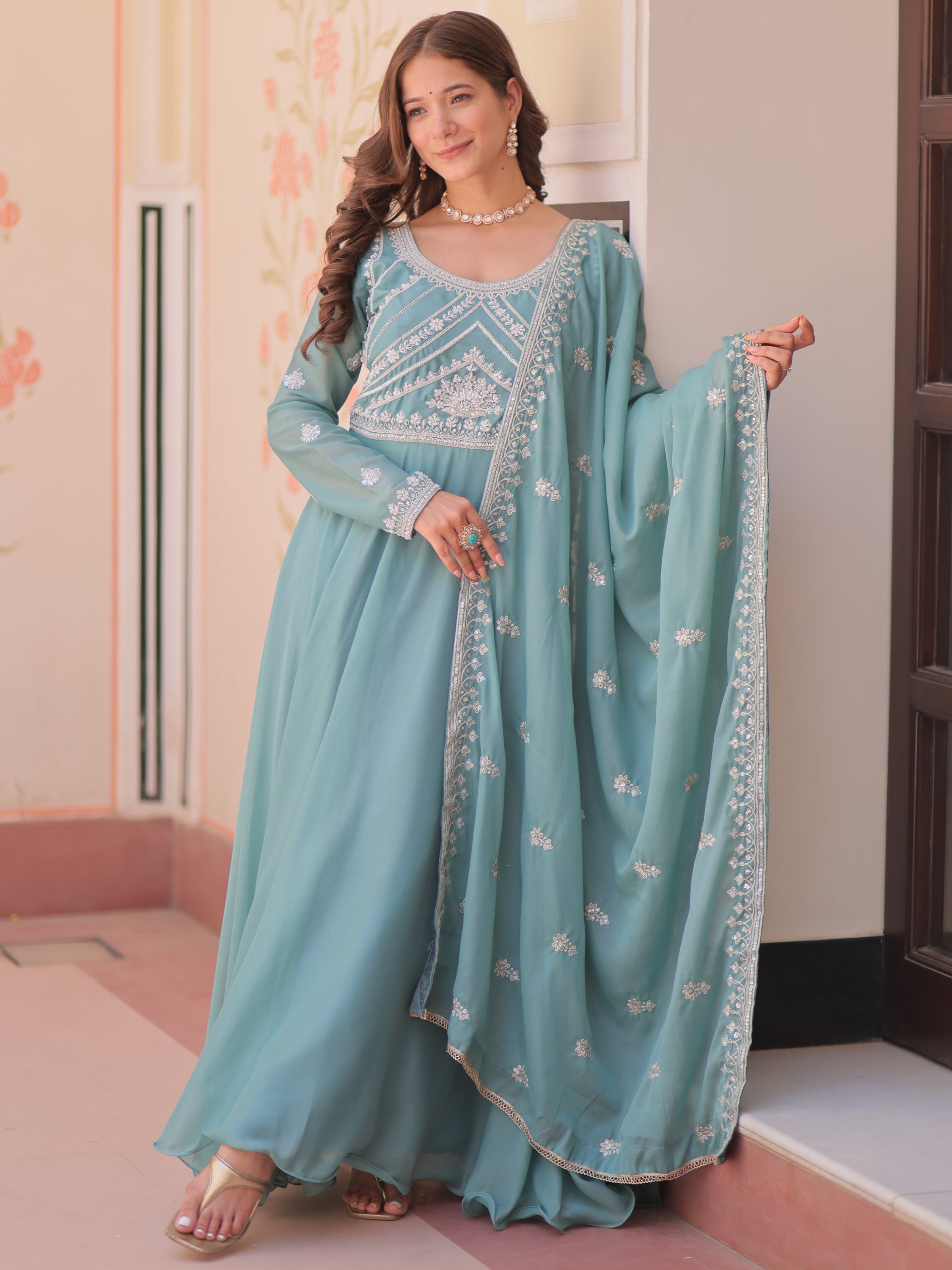 Impressive Sky Blue Bead Work Georgette Traditional Gown With Dupatta