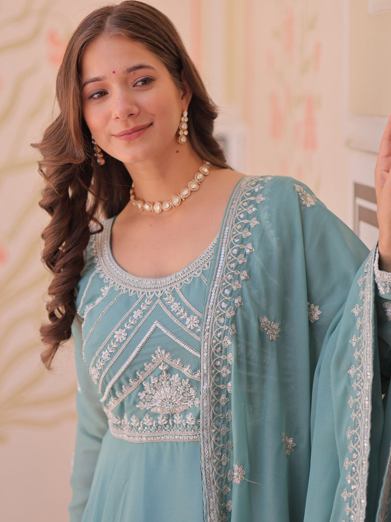 Impressive Sky Blue Bead Work Georgette Traditional Gown With Dupatta