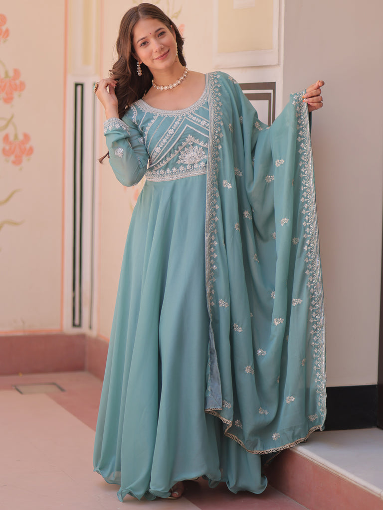 Impressive Sky Blue Bead Work Georgette Traditional Gown With Dupatta