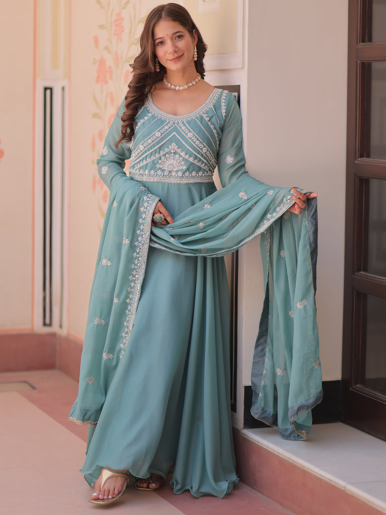 Impressive Sky Blue Bead Work Georgette Traditional Gown With Dupatta