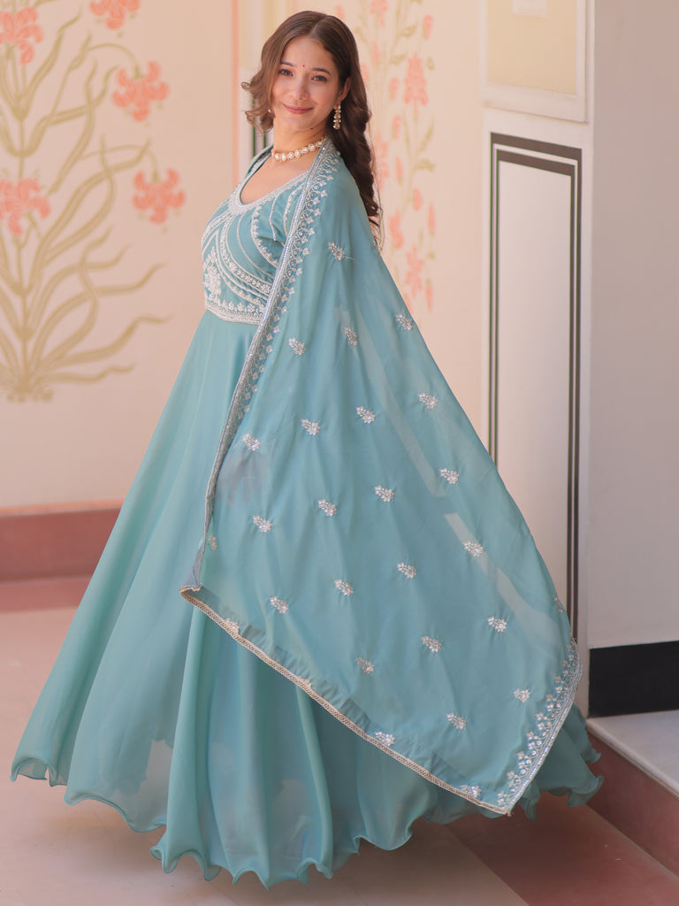Impressive Sky Blue Bead Work Georgette Traditional Gown With Dupatta