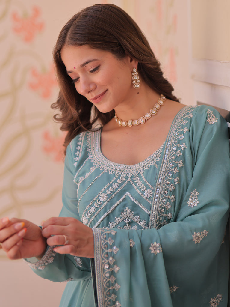Impressive Sky Blue Bead Work Georgette Traditional Gown With Dupatta