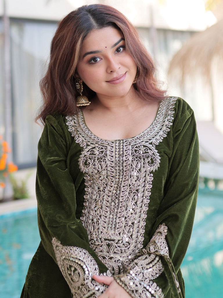 Attractive Green Embroidered Velvet Festival Wear Salwar Kameez