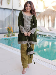 Attractive Green Embroidered Velvet Festival Wear Salwar Kameez