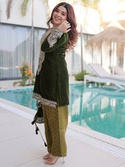 Attractive Green Embroidered Velvet Festival Wear Salwar Kameez