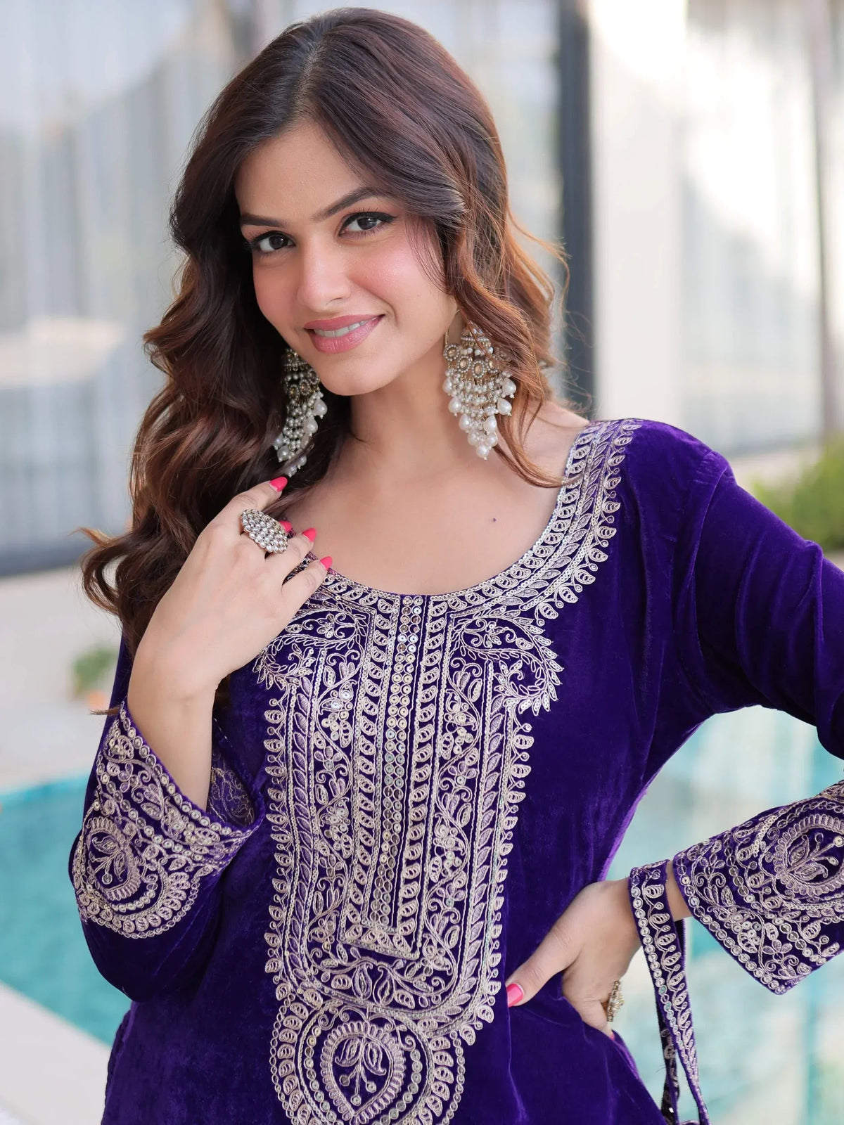 Purple velvet ethnic kurti with gold embroidery, perfect for Indian festive wear and designer occasions