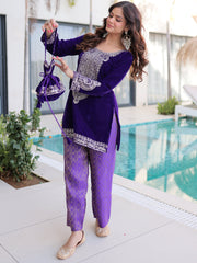 Awesome Blue Embroidered Velvet Function Wear Salwar Kameez