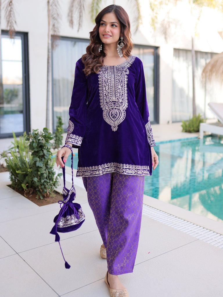 Awesome Blue Embroidered Velvet Function Wear Salwar Kameez
