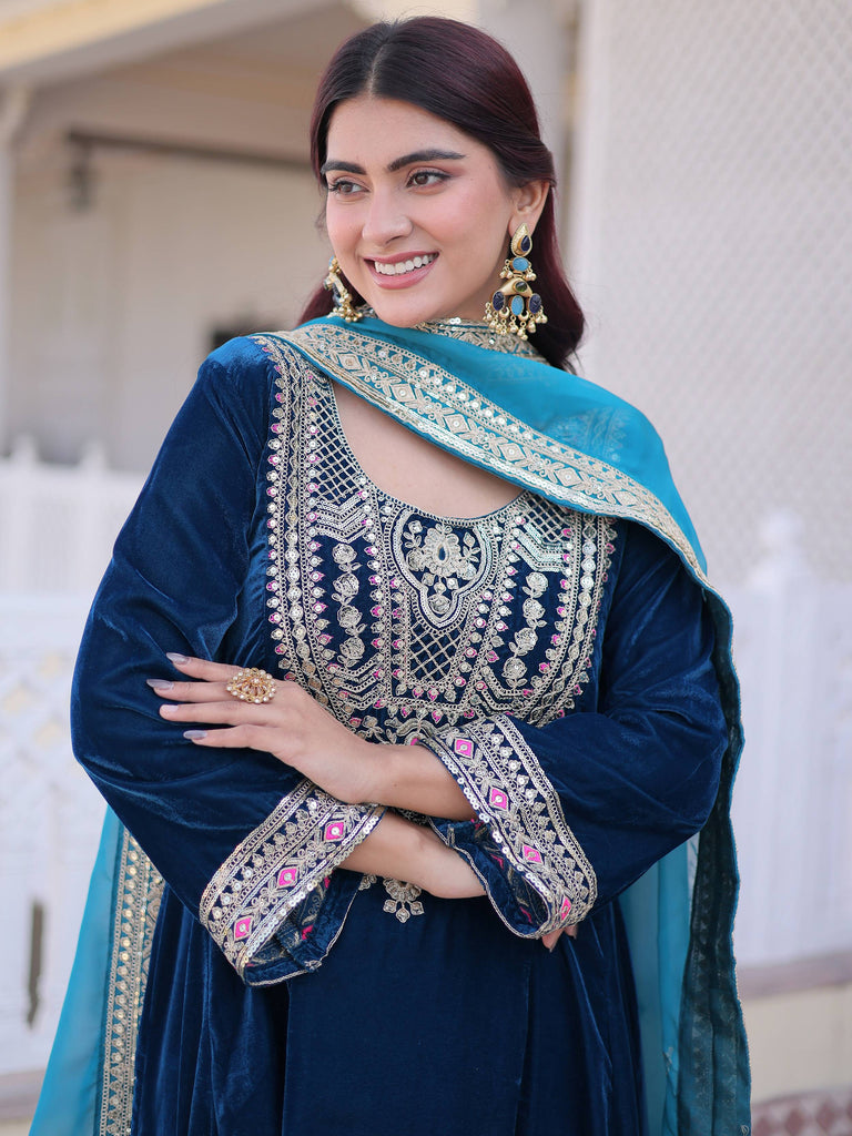 Lovely Blue Embroidered Velvet Festival Wear Salwar Kameez