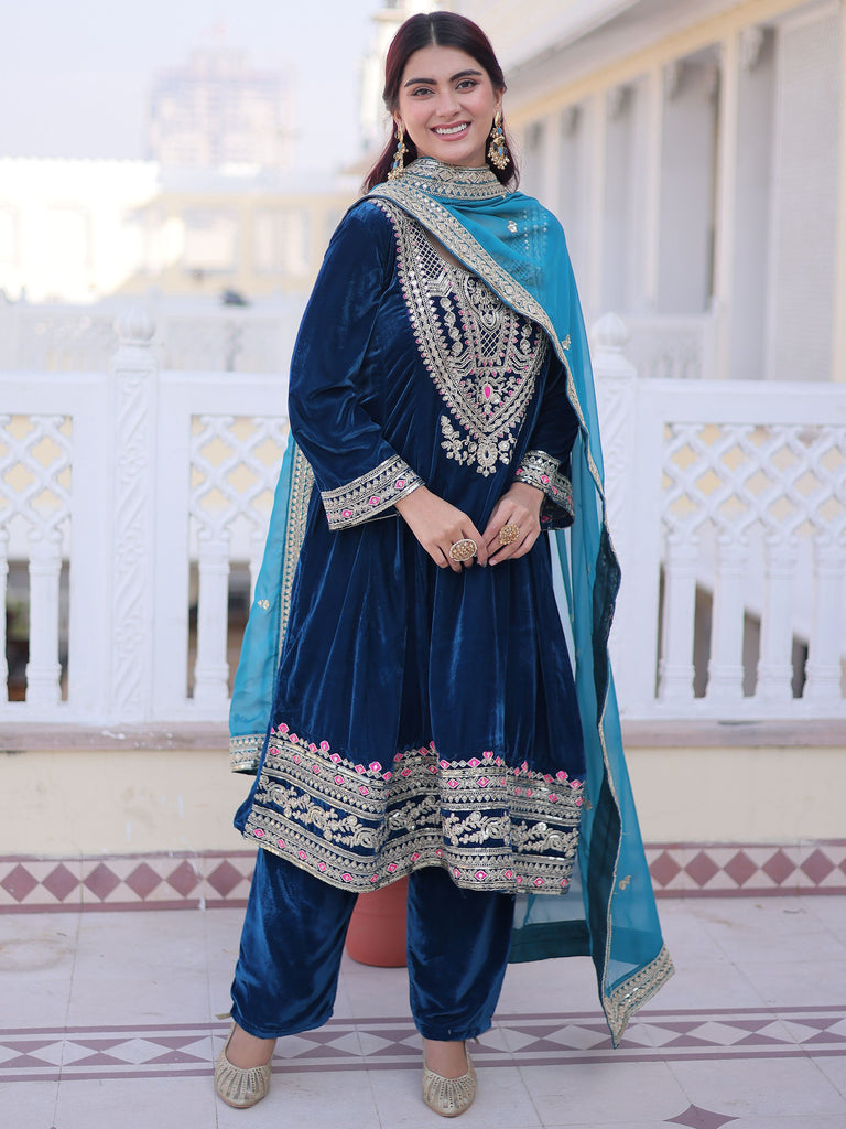 Lovely Blue Embroidered Velvet Festival Wear Salwar Kameez