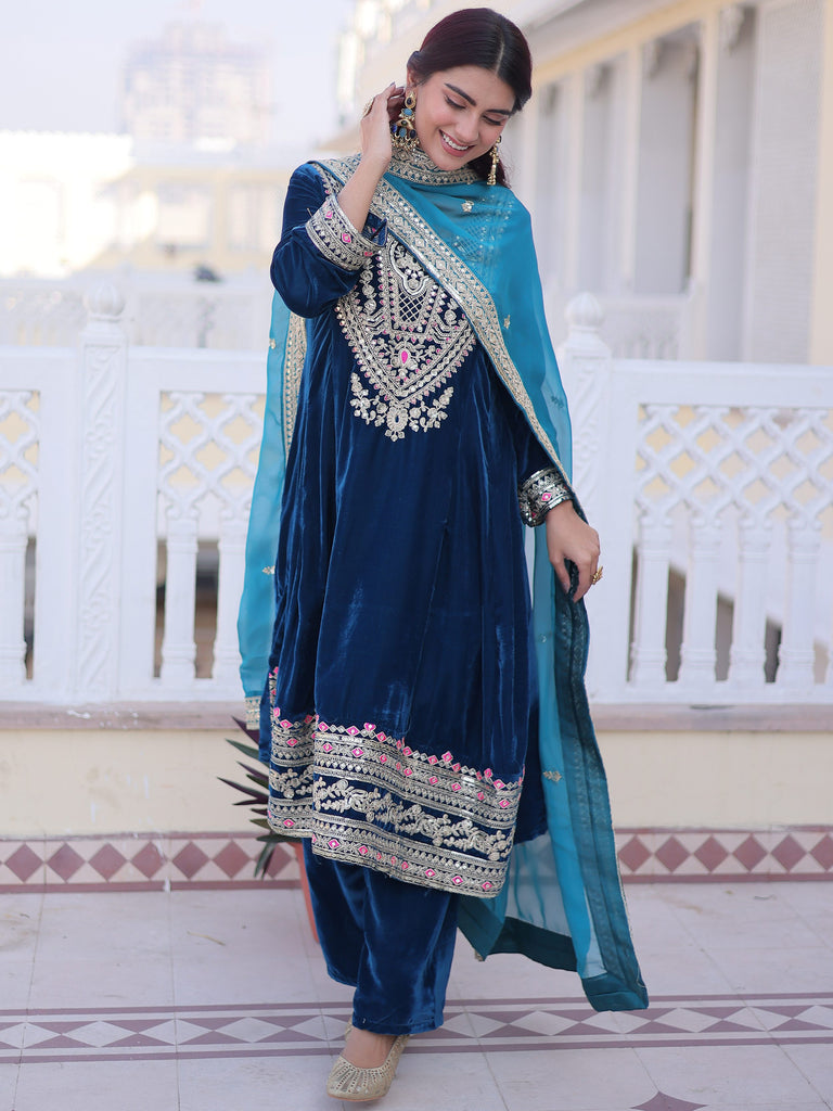 Lovely Blue Embroidered Velvet Festival Wear Salwar Kameez