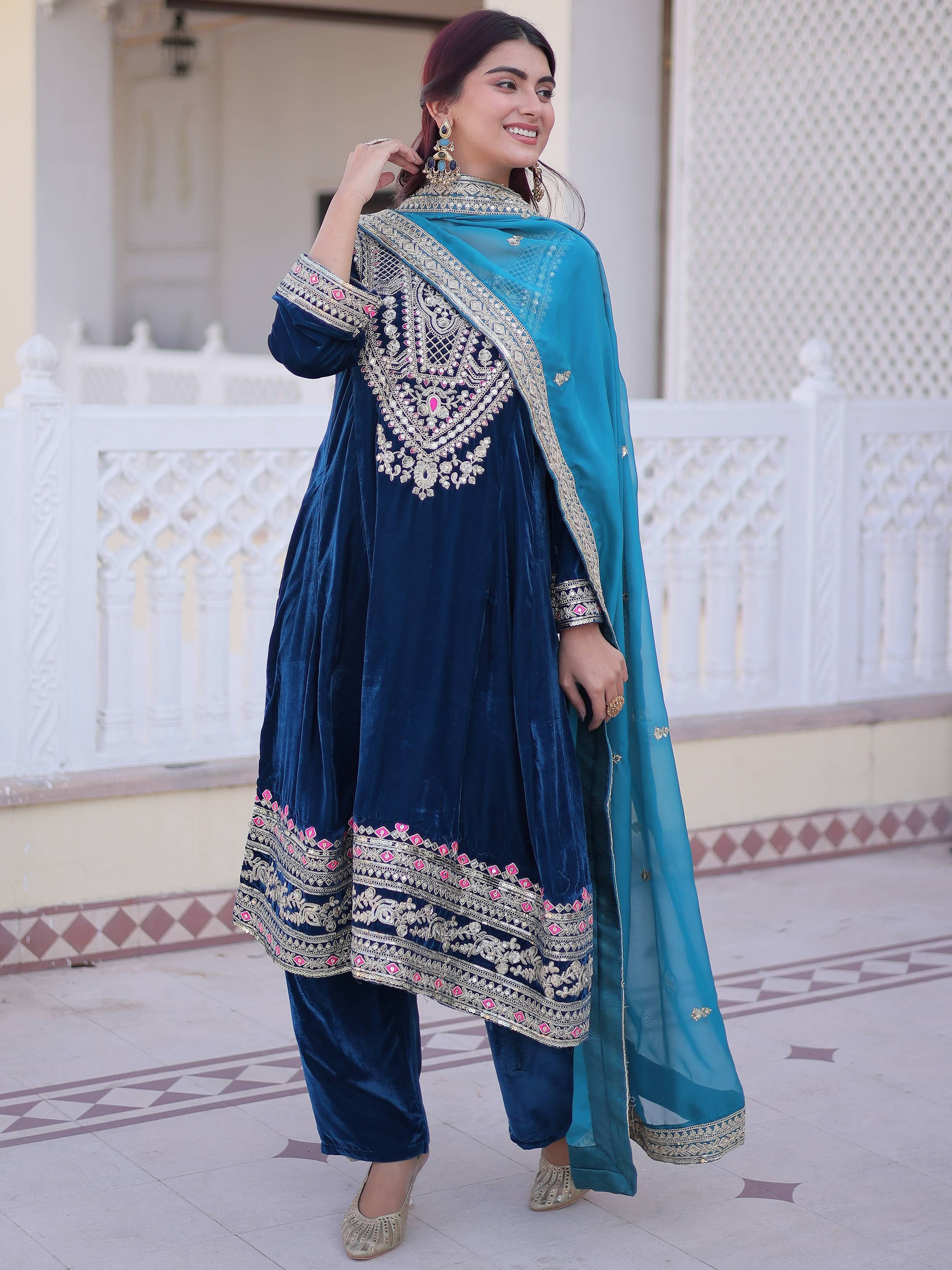 Lovely Blue Embroidered Velvet Festival Wear Salwar Kameez