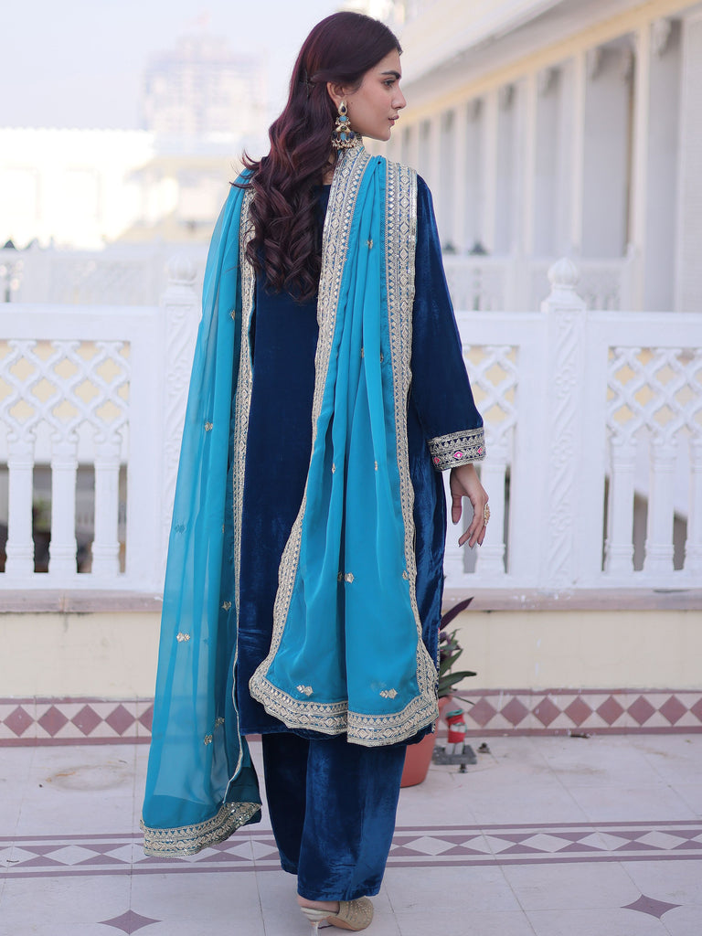 Lovely Blue Embroidered Velvet Festival Wear Salwar Kameez
