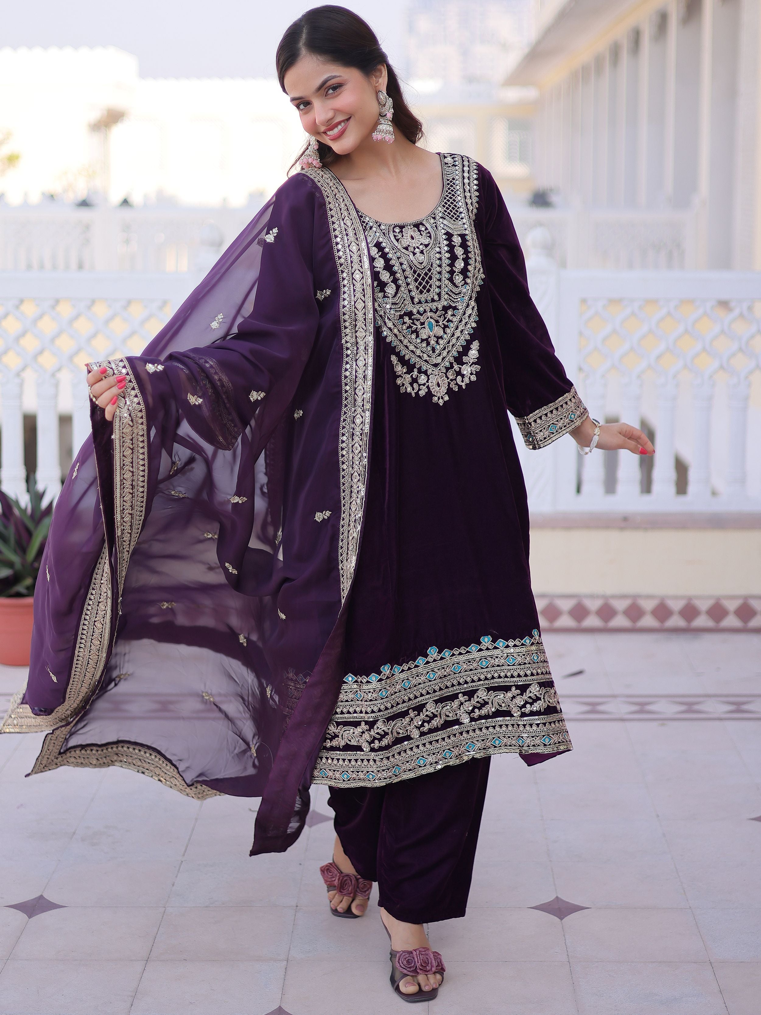 Attractive Wine Embroidered Velvet Function Wear Salwar Kameez