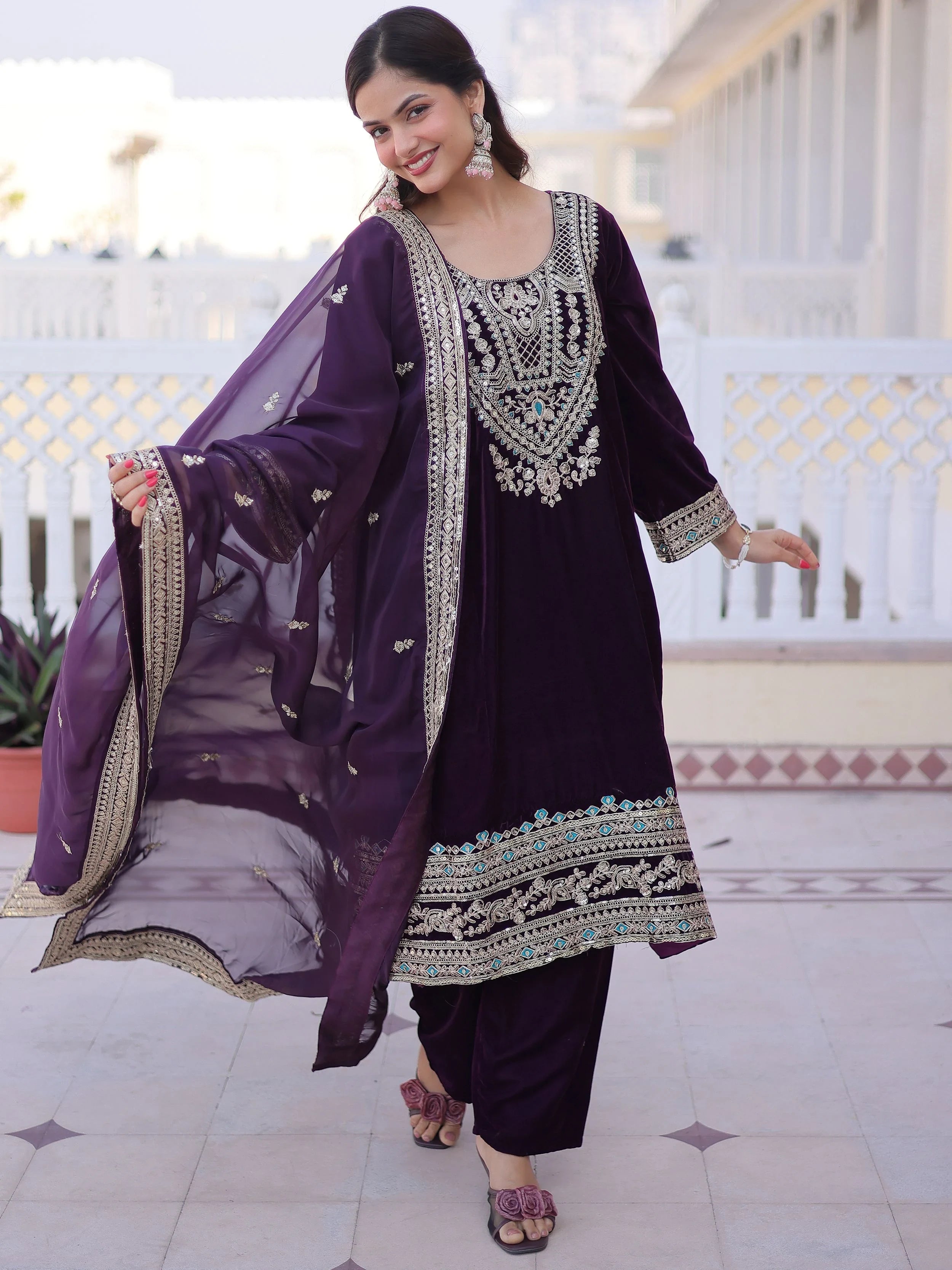 Attractive Wine Embroidered Velvet Function Wear Salwar Kameez