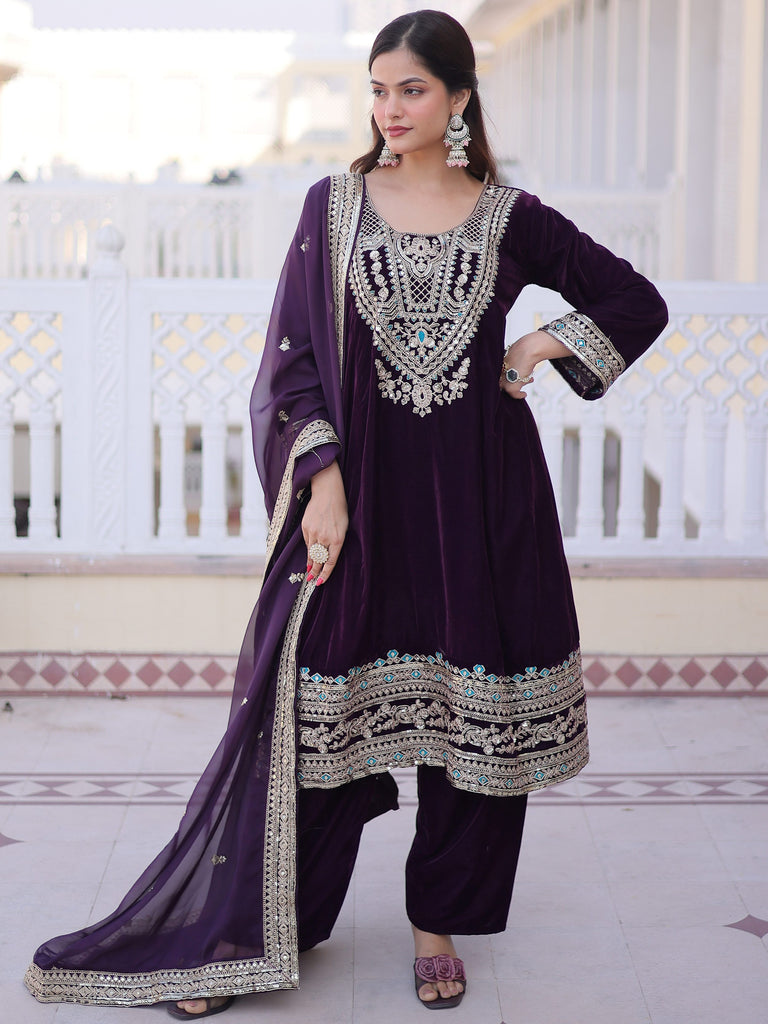 Attractive Wine Embroidered Velvet Function Wear Salwar Kameez