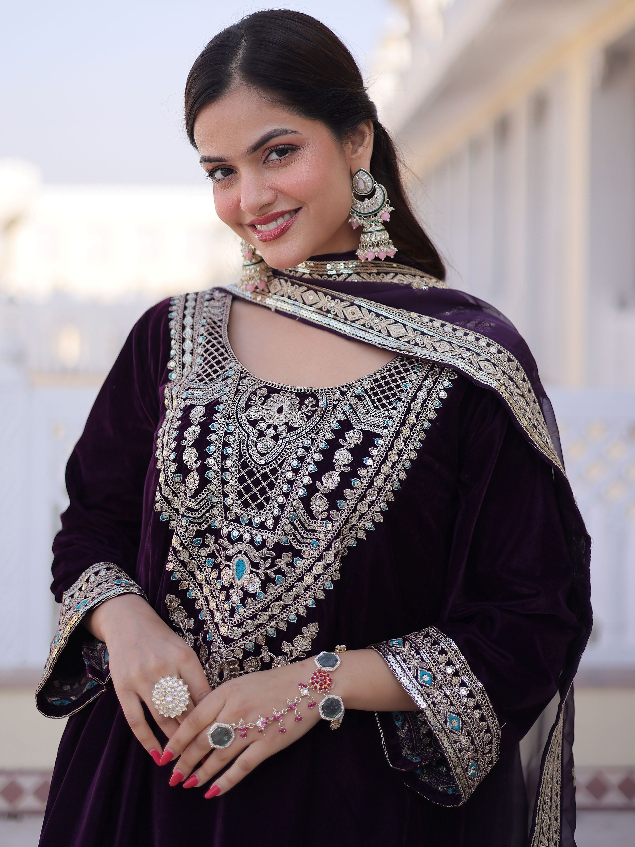 Attractive Wine Embroidered Velvet Function Wear Salwar Kameez