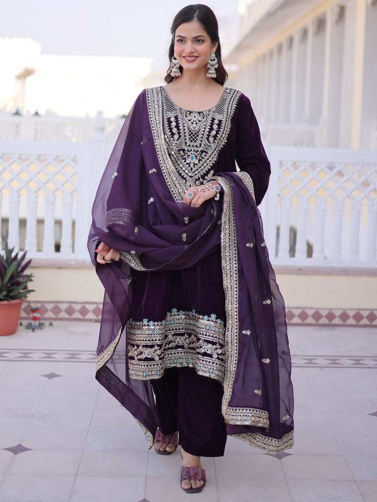 Attractive Wine Embroidered Velvet Function Wear Salwar Kameez