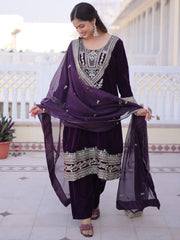 Attractive Wine Embroidered Velvet Function Wear Salwar Kameez