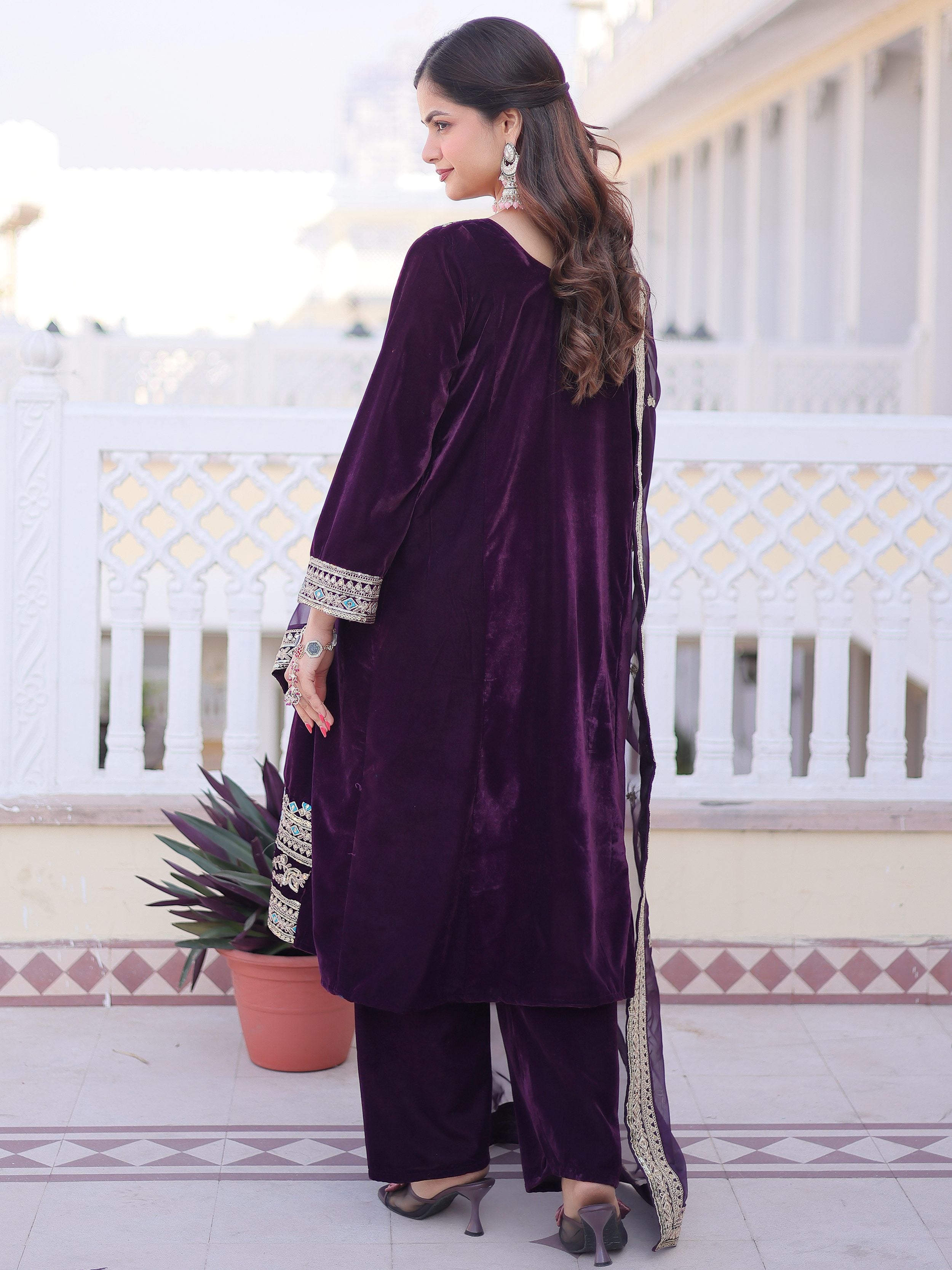 Attractive Wine Embroidered Velvet Function Wear Salwar Kameez