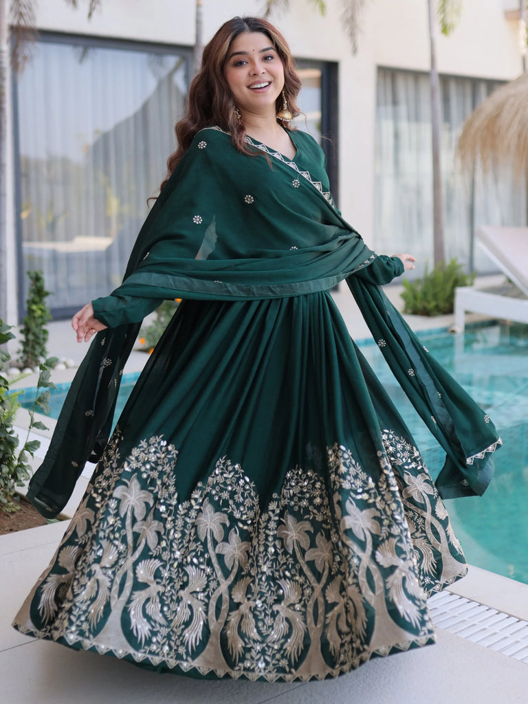 Amazing Bottle Green Sequins Crushed Mehendi Wear Gown With Dupatta