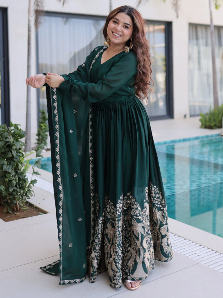 Amazing Bottle Green Sequins Crushed Mehendi Wear Gown With Dupatta