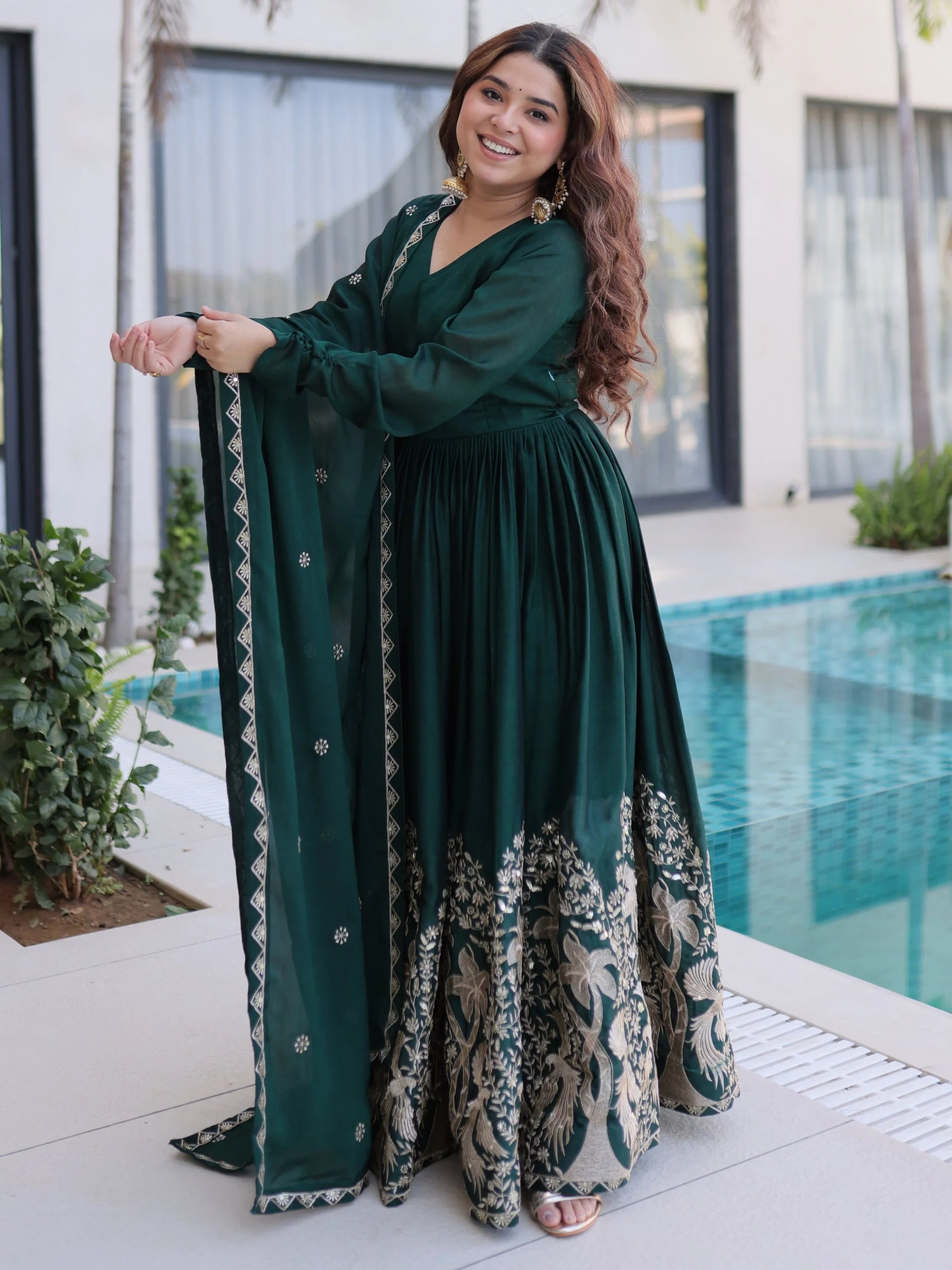Amazing Bottle Green Sequins Crushed Mehendi Wear Gown With Dupatta