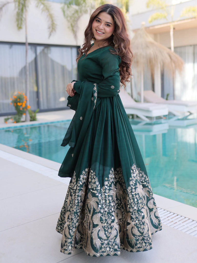 Amazing Bottle Green Sequins Crushed Mehendi Wear Gown With Dupatta