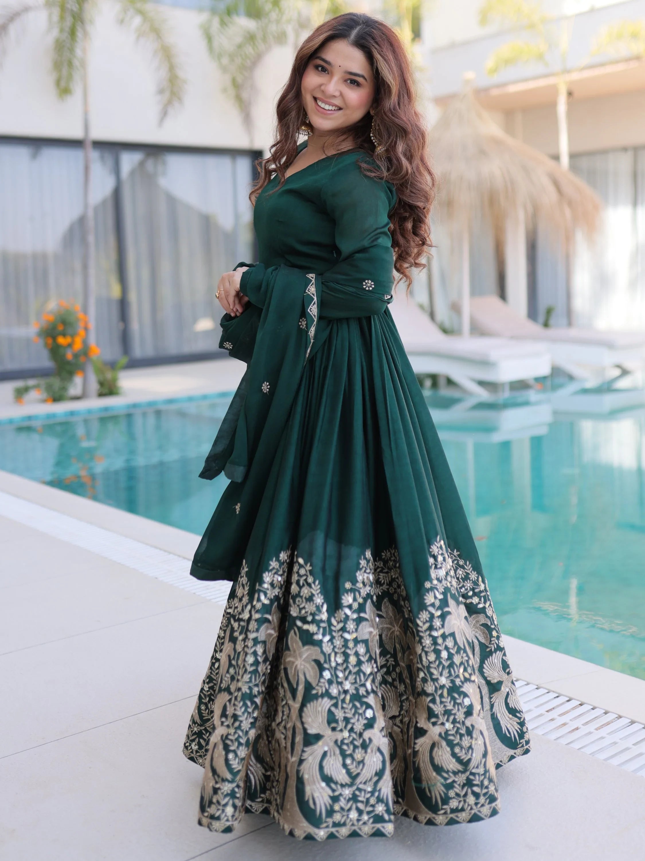 Amazing Bottle Green Sequins Crushed Mehendi Wear Gown With Dupatta