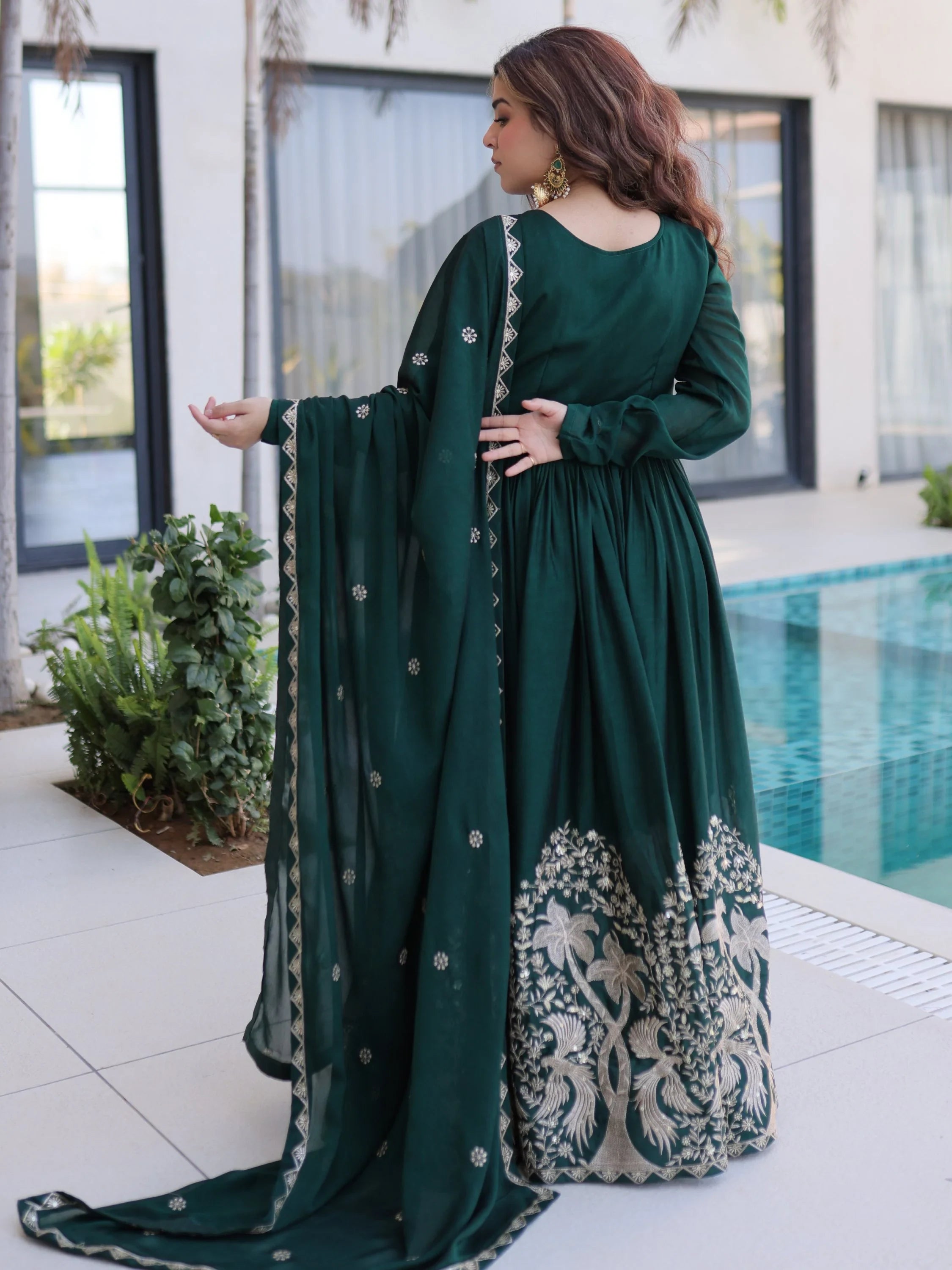 Amazing Bottle Green Sequins Crushed Mehendi Wear Gown With Dupatta