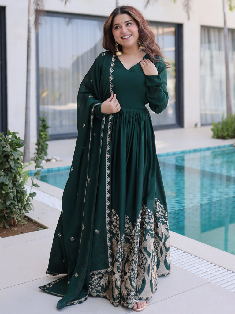 Amazing Bottle Green Sequins Crushed Mehendi Wear Gown With Dupatta
