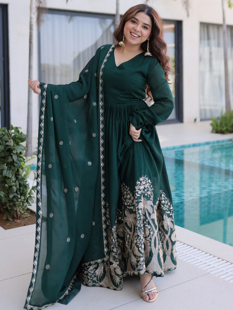 Amazing Bottle Green Sequins Crushed Mehendi Wear Gown With Dupatta