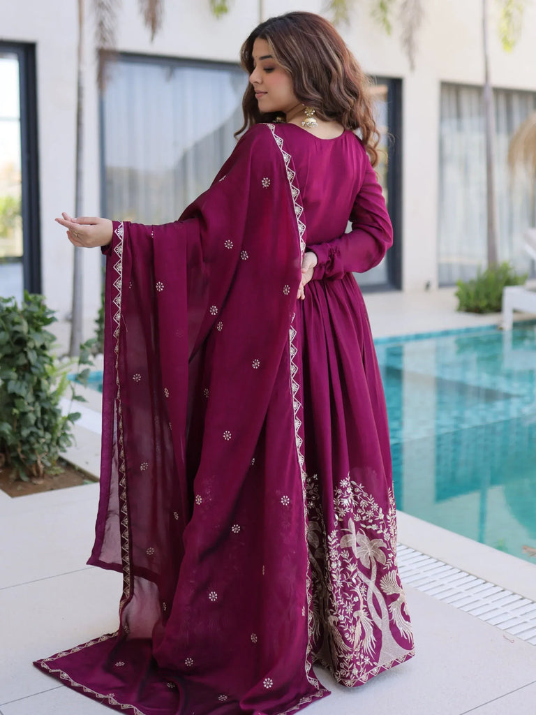 Exceptional Wine Multi Thread Work Crushed Gown With Dupatta