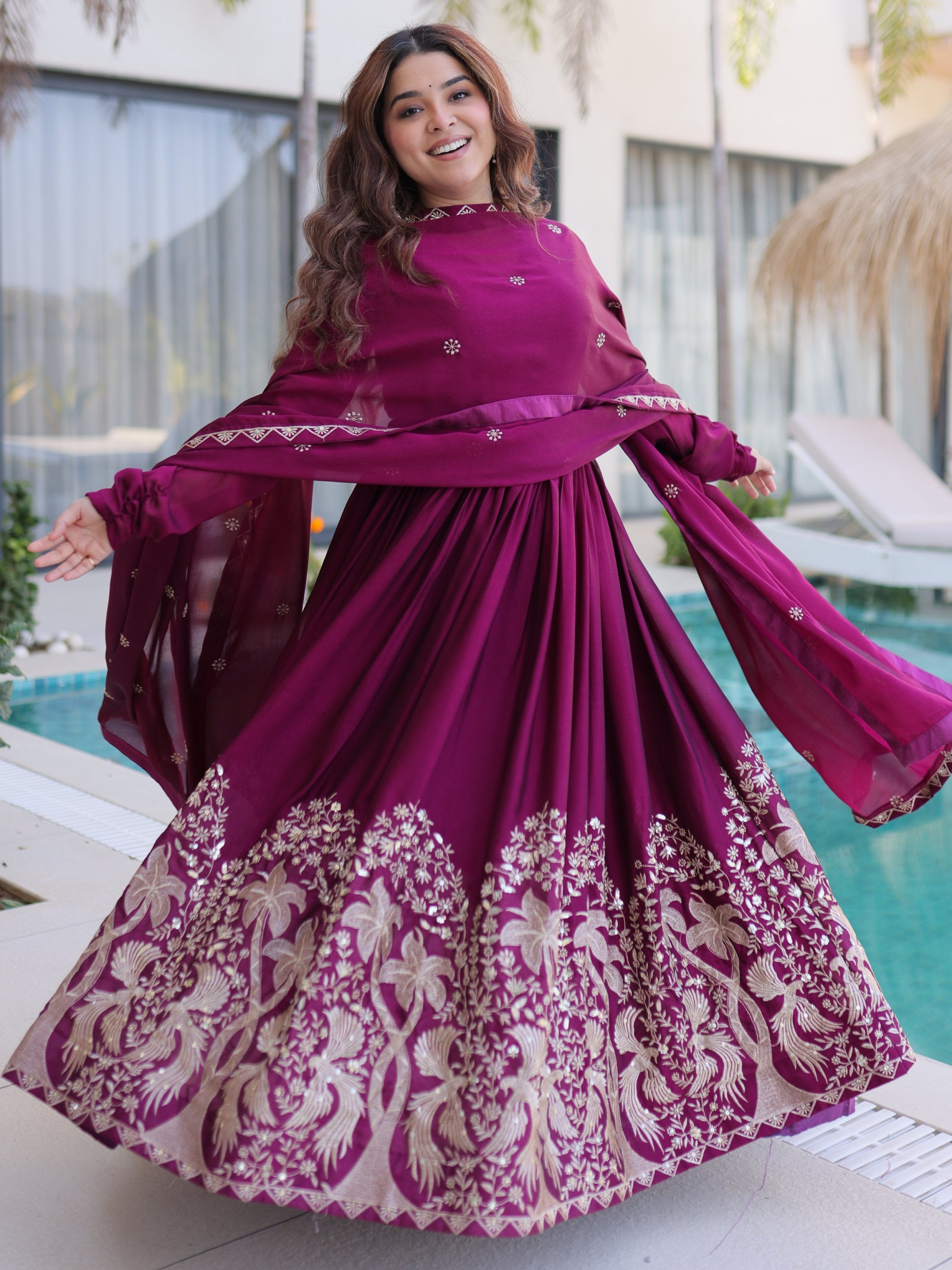 Exceptional Wine Multi Thread Work Crushed Gown With Dupatta