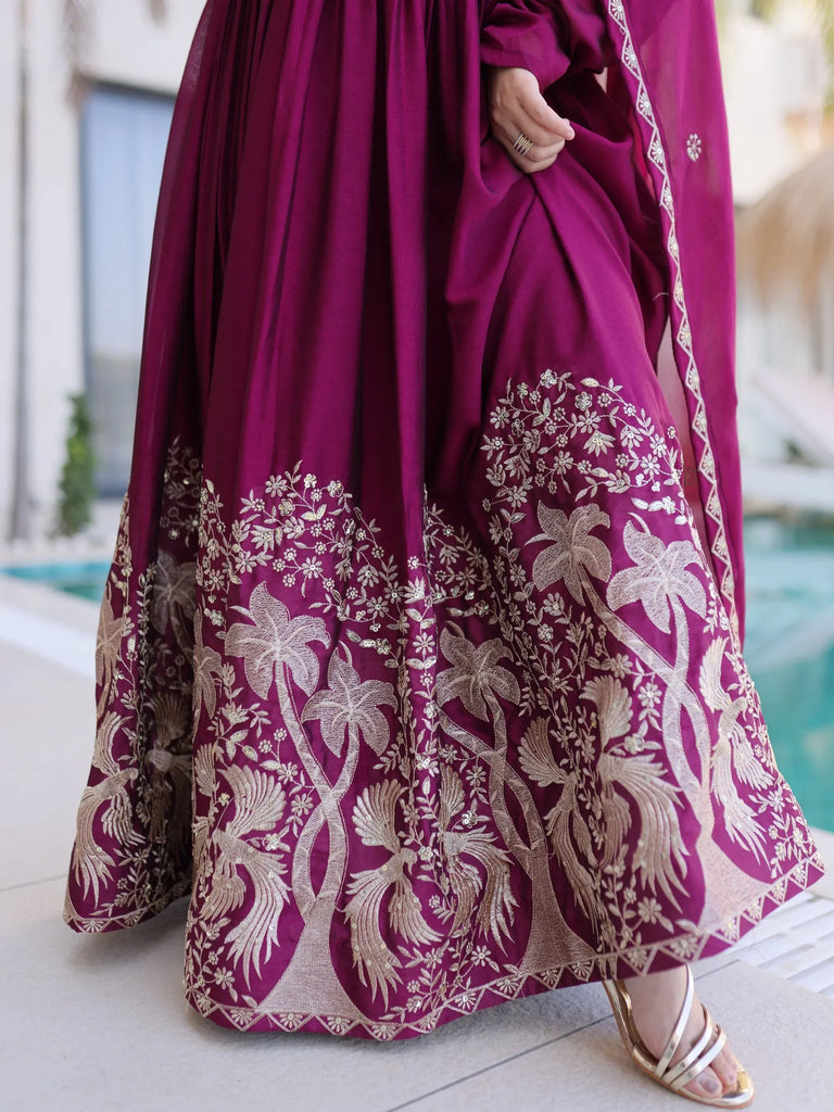 Exceptional Wine Multi Thread Work Crushed Gown With Dupatta