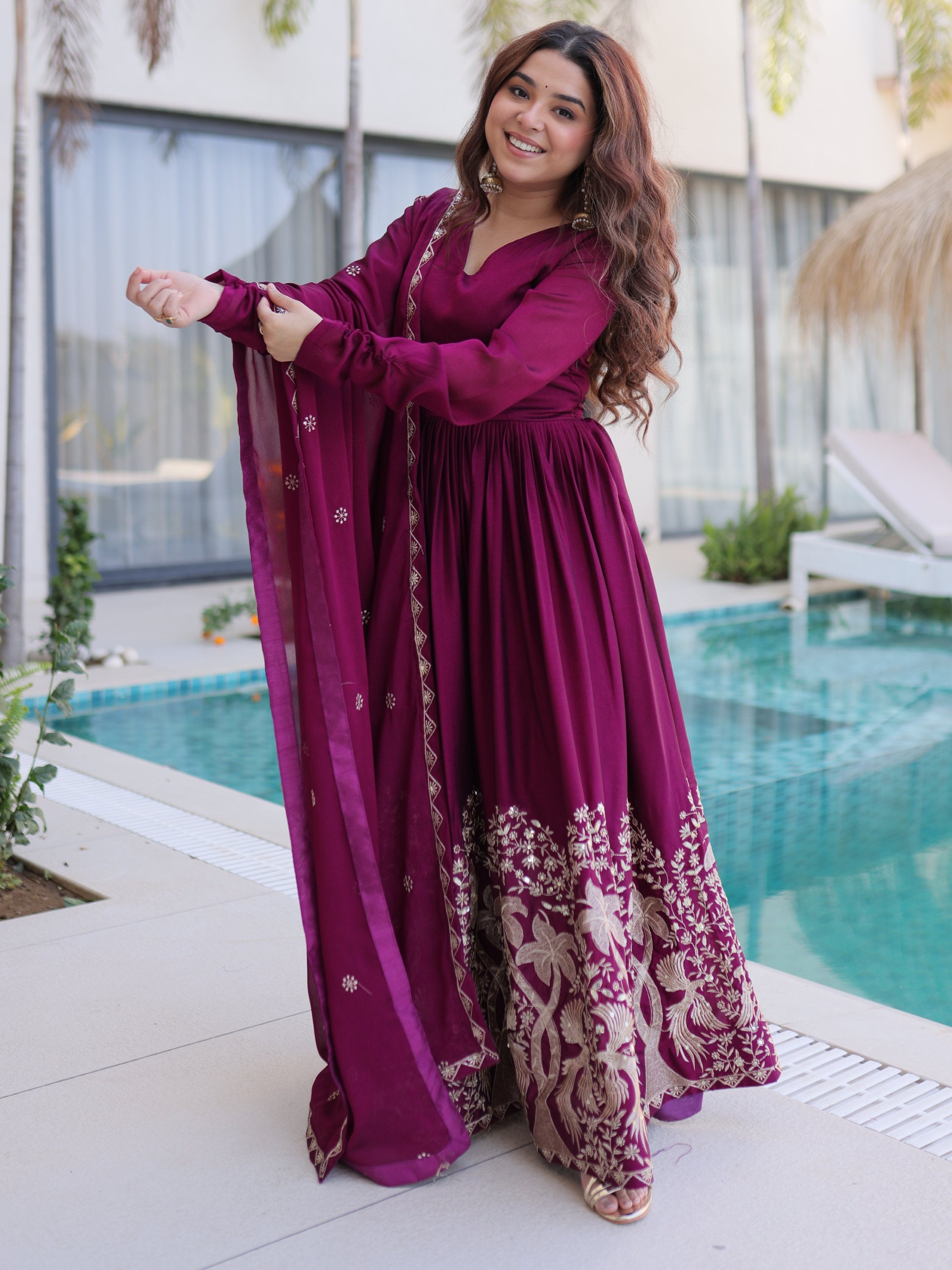 Exceptional Wine Multi Thread Work Crushed Gown With Dupatta