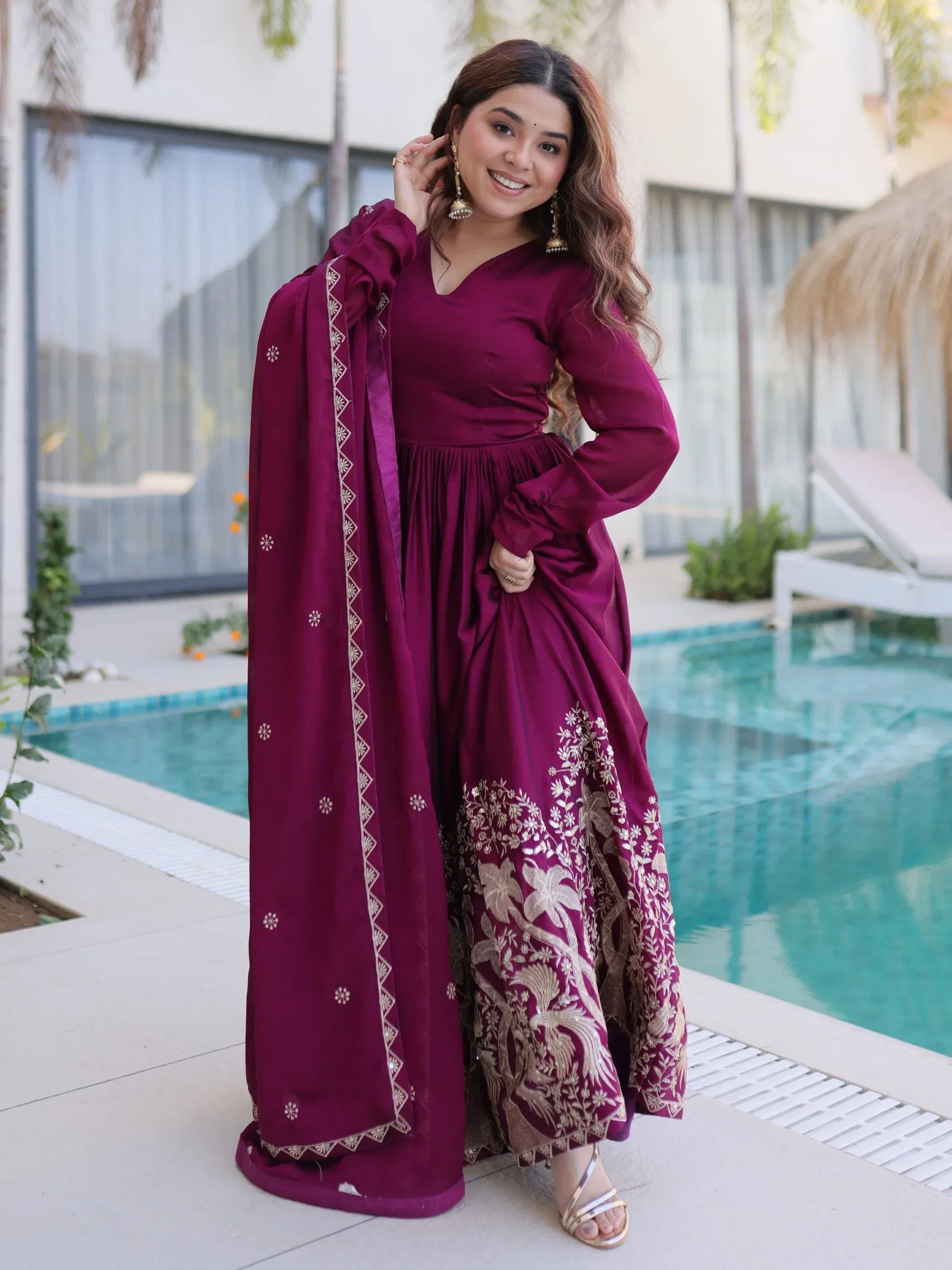 Exceptional Wine Multi Thread Work Crushed Gown With Dupatta